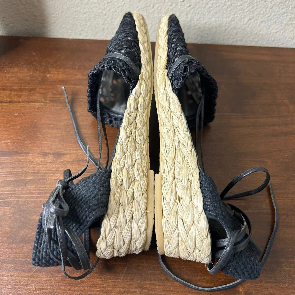 Stuart Weitzman Espadrille 8 Black Crochet‎ Lace Wedge Ankle Lace Up Sandals